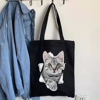 Мультфильм Бульдог Кошка Сумка для покупок Женщина-покупатель Складной холст 2022 Сумка-тоут Дорожные сумки Дизайнерские сумки Ткань с принтом на плечо Женская ткань