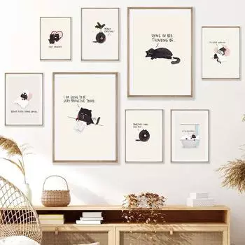 Мультфильм Черные кошки абстрактный скандинавский постер искусство настенное украшение Love Yourself цитаты холст картина печать для спальни домашний декор 21x30cm No Framed белый