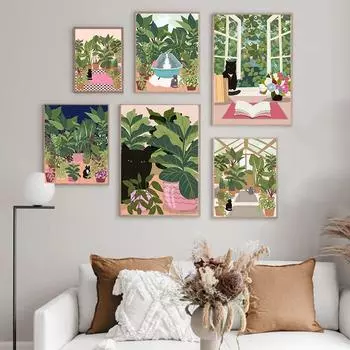 Мультфильм черный кот и растения скандинавские постеры настенная живопись на холсте уличная ванна принты забавные картинки для ванной комнаты домашний декор 21x30cm No Framed