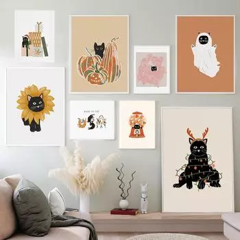 Мультфильм Черный Кот Призрак Тыквы Настенная Картина на Холсте Плакаты на скандинавскую тему и принты Хэллоуин Рождественские фотографии Декор детской комнаты 21x30cm No Framed темно-синий