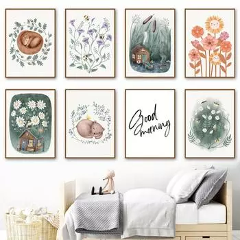 Мультфильм цветок медведь белка лесная хижина светлячок растения настенные художественные постеры и принты холст картины фотографии декор для детской комнаты 21*30cm