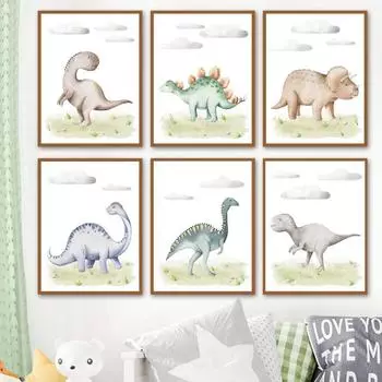 Мультфильм динозавр белые облака трава детская настенная живопись на холсте плакаты на скандинавскую тему и принты настенные панно для декора комнаты для маленьких мальчиков A4 21X30cm No Framed
