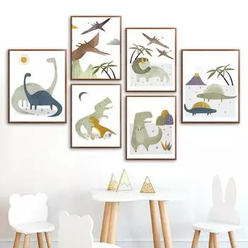 Мультфильм динозавр Юрского периода плакат на скандинавскую тему птеродактиль тираннозавр детская настенная живопись на холсте настенные панно декор детской комнаты 21x30cm No Framed