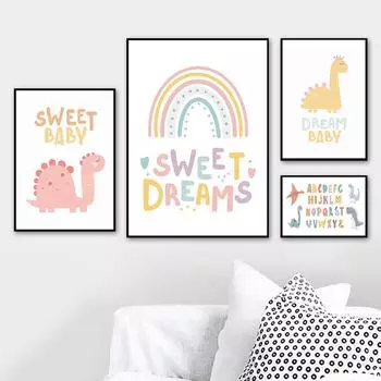 Мультфильм динозавр настенная живопись на холсте скандинавский алфавит детские постеры и принты настенные панно для детской комнаты домашний декор 21cm30cm NoFrame