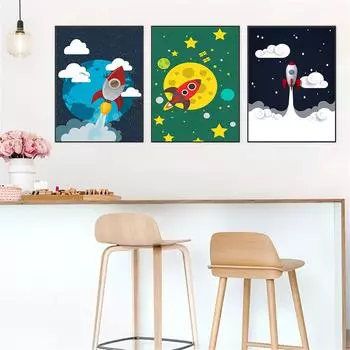 Мультфильм дирижабль ракета звезда облако космический корабль холст плакат скандинавский стиль декор для детской комнаты детская спальня мальчики настенная художественная картина 21cm30cm NoFrame