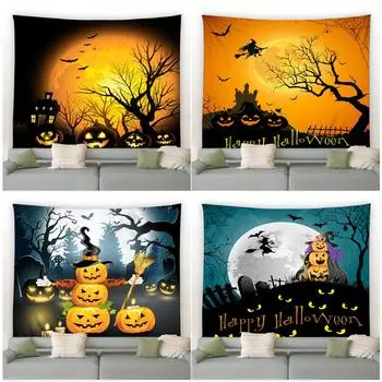 Мультфильм Хэллоуин гобелен Замок Тыква Фонарь Настенный Декор Фон Ткань Лес Домашний Декор Гостиная Фестиваль Настенный Гобелен 100x75cm