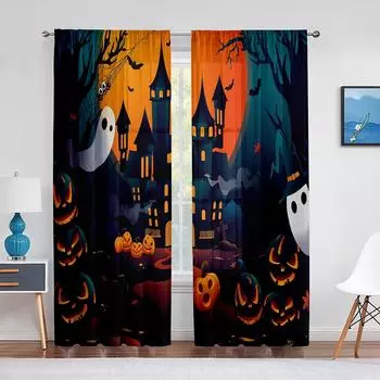 Мультфильм Хэллоуин Ночь Прозрачная Вуаль Шторы Ужас Лес Замок Тыква Окно Тюль Шторы для Гостиной Спальня Шторы 1 PCS W100XH250cm&Rod Pocket