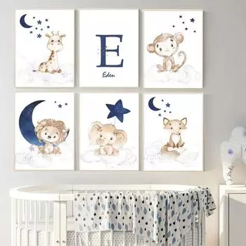 Мультфильм Имя ребенка Голубая Луна Звезды Животное Лев Детская Плакат Холст Картина Настенная Печать Картина Детская Комната Домашний Декор 21x30cm No Framed