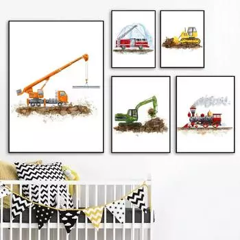 Мультфильм Инженерная машина Пожарная машина Поезд Холст Картина Плакаты и принты Настенные художественные фотографии Детская комната Детская Домашний декор Без рамки 21*30cm
