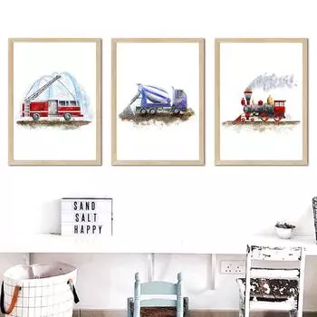 Мультфильм Инженерная машина Пожарная машина Поезд Холст Картина Плакаты и принты Настенные художественные фотографии Детская комната Детская Домашний декор Без рамки 21*30cm No Frame