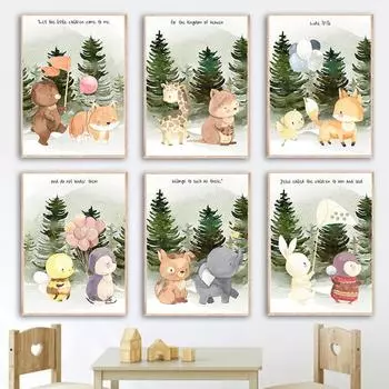 Мультфильм кенгуру, лиса, пчела, пингвин, собака, лес, настенная живопись на холсте, плакаты на скандинавскую тему и принты, настенная картина, декор для детской комнаты 21cm30cm NoFrame