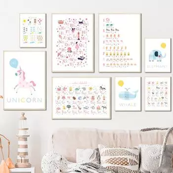Мультфильм Кит Животные Алфавит Номер Обучающее Искусство Холст Картина Плакаты на скандинавскую тему и принты Настенные панно Декор для детской комнаты Без рамки 21*30cm