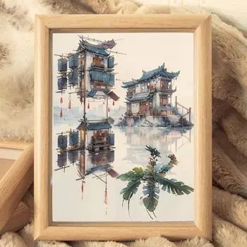 Мультфильм Китайский Шрифт Живопись Тушь Кавайный Лодка Речной Пейзаж Живопись Гостиная Style 1