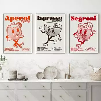Мультфильм Коктейль Негрони Эспрессо Мартини Напитки Настенное Искусство Холст Картины Плакаты И Принты Настенные Картины Для Бара Кухни Декор 21x30cm No Framed