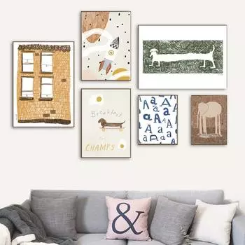 Мультфильм Кот Ракета Печать Плакатов Абстрактное Животное Собака Слон Дом Детская Комната Искусство 21cm30cm NoFrame