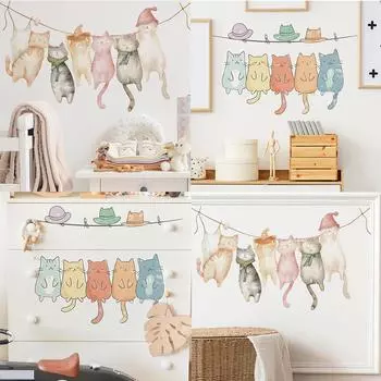 Мультфильм Кот Семья Комбинация Детская Спальня Гостиная Фон Украшения Стены Наклейки Самоклеящиеся 35*60CM/fun-g10