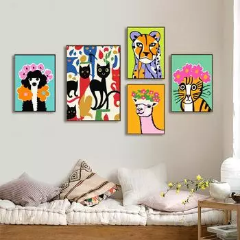 Мультфильм красочный цветок животное плакат Тигр Альпака кошка леопардовый узор картина маслом детский сад стены украшения детской комнаты 21cm30cm NoFrame