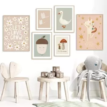 Мультфильм кролик лиса мышь гусь утка настенная живопись на холсте скандинавский ретро постер и принты настенные панно декор для детской комнаты без рамки 21*30cm No Frame