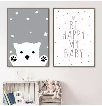 Мультфильм Кролик Медведь Картина Детская Настенная Искусства Холст Плакат Принт Скандинавские Детские Украшения Картина Детская Спальня Декор Детские 21x30cm No Frame