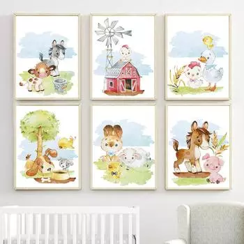 Мультфильм кролик утка лошадь свинья овца крупный рогатый скот настенная живопись холст картины плакаты на скандинавскую тему и принты настенные панно для декора детской комнаты 21cm30cm NoFrame