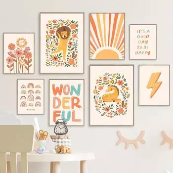 Мультфильм Лев Жираф Солнце Радуга Цветок Облако Настенная Живопись Холст Картина Скандинавские Плакаты И Принты Настенные Картины Декор Детской Комнаты 21x30cm No Framed