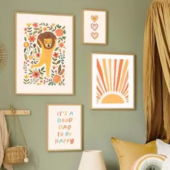 Мультфильм Лев Жираф Солнце Радуга Цветок Облако Настенная Живопись Холст Картина Скандинавские Плакаты И Принты Настенные Картины Декор Детской Комнаты 21x30cm No Framed
