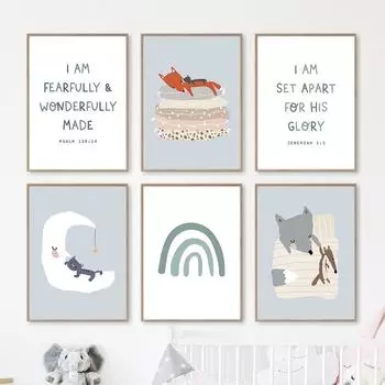 Мультфильм лиса, кошка, Радуга, Луна, пользовательские цитаты, настенные художественные постеры, принты, скандинавская картина на холсте, настенные панно для декора детской комнаты 21cm30cm NoFrame