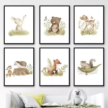 Мультфильм лиса кролик медведь олень ежик белка плакаты на скандинавскую тему и принты настенная живопись на холсте настенные панно декор детской комнаты 21cm30cm NoFrame