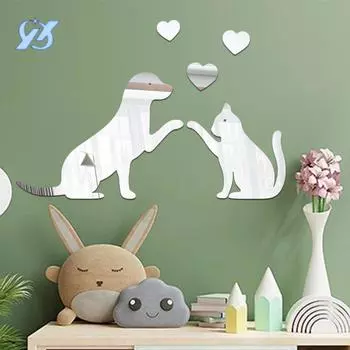 Мультфильм любовь кошки и собаки акриловые зеркала настенные наклейки гостиная спальня прикроватные украшения ванная плитка самоклеящаяся
