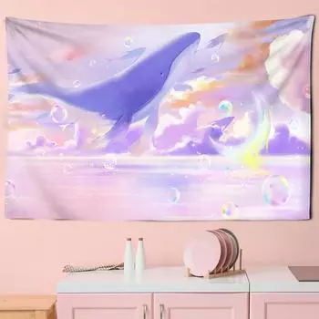 Мультфильм Манга Небо Дельфин Эстетический Гобелен Настенный Гобелен Розовый Фиолетовый Облака Настенный Декор Kawaii Декор Комнаты Домашний Декор 100X75CM