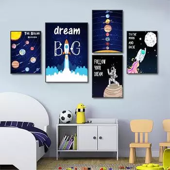 Мультфильм Мечта Астронавт Ракета Плакат Солнечная Система Холст Картина Детская комната Детский сад Художественная картина Настенное украшение 21cm30cm NoFrame