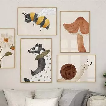 Мультфильм Медведь Пчелы Цветы Грибы Детские Плакаты Печатает Холст Картины Современные Настенные Художественные Фотографии Детская Комната Домашний Декор 21X30cm No Frame