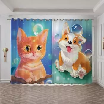 Мультфильм Милое животное Кошка Высокая затемняющая занавеска Детская комната Спальня Перегородка Ресторан Личность Креативная плотная занавеска W55 X H120cm X 2&HOOK