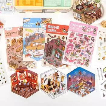 Мультфильм Милые 3D DIY Ландшафтные наклейки Миниатюрные сцены Визуальные стековые наклейки Творческие DIY Украшения Наклейки Подарки as the picture