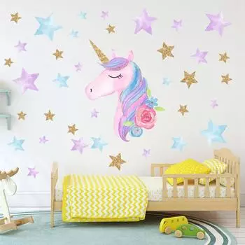 Мультфильм милые единороги звезда сердце настенные наклейки обои DIY виниловые наклейки на стены дома детская гостиная спальня декор для комнаты для девочек