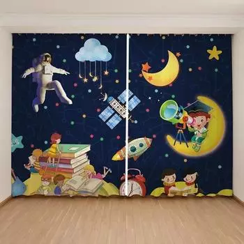 Мультфильм милый космический астронавт планета высокая затемняющая занавеска детская мальчики девочки спальня окно темно-синяя серия узор 2 панели W55 X H120cm X 2&HOOK