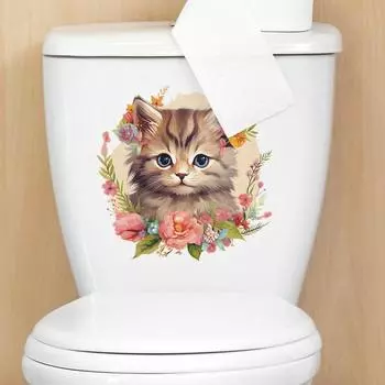 Мультфильм милый кот цветок зеленое растение туалет с ванной декоративные наклейки на стену для ванной комнаты 29*29CM/fun-m21