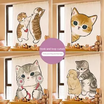 Мультфильм милый кот занавеска приклеивание занавеска перегородка кухня спальня ванная комната отверстие без пыли экранирующая ткань украшение дома 35x50cm