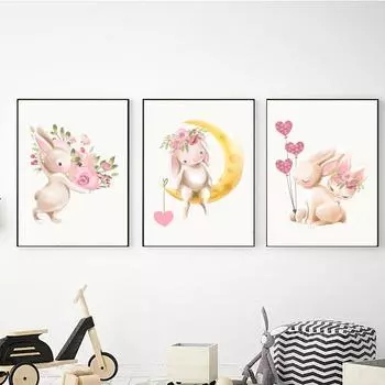 Мультфильм милый кролик держит цветы луна любовь детские плакаты и принты настенное искусство холст картины настенные картины декор детской комнаты без рамки 21*30cm No Frame