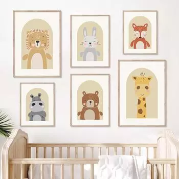 Мультфильм милый лев бегемот медведь жираф животные детские плакаты принты холст картины настенные художественные картины детская комната домашний декор 21X30cm No Frame