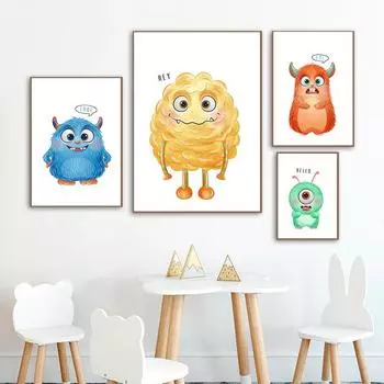 Мультфильм милый монстр плакат на скандинавскую тему детская холст живопись настенные художественные принты и фотографии для девочек и мальчиков украшение для детской комнаты 21cm30cm NoFrame