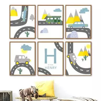 Мультфильм на заказ детское имя Городской клуб водителей автомобиля Детская настенная живопись Печать на холсте Плакат на скандинавскую тему настенные панно Декор для комнаты мальчика A4 21X30cm No Framed