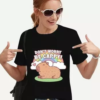 Мультфильм НЕ БОЙСЯ, БУДЬ КАППИ! Женская футболка с принтом капибары, повседневные топы с круглым вырезом, свободная футболка в стиле Харадзюку, черные рубашки, одежда S чёрный