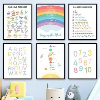 Мультфильм номер алфавит динозавр планета Радуга настенная живопись на холсте плакаты на скандинавскую тему и принты настенные панно Декор для детской комнаты 21cm30cm NoFrame