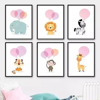 Мультфильм Обезьяна Жираф Лев Тигр Зебра воздушный шар настенная живопись на холсте плакаты на скандинавскую тему и принты настенные панно Декор детской комнаты 21cm30cm NoFrame