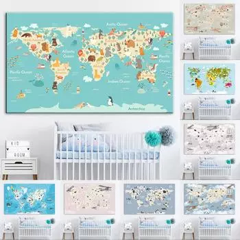 Мультфильм океан животных карта мира настенная живопись на холсте плакаты на скандинавскую тему и принты настенные панно для детской комнаты для украшения детской комнаты 21x30cm No Framed