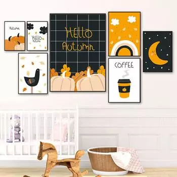 Мультфильм Осенняя тыква Холст Картина Забавные птицы Печать Искусство Плакат Картина Nordic Дети Детская Детская Комната Украшения Стены 21cm30cm NoFrame