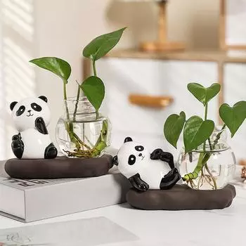 Мультфильм Панда Зеленая Роза Гидропонная Ваза Стеклянная Посуда Прозрачная Вода Питательные Свежие Цветы Цветочный Горшок Цветочная Посуда Настольное Украшение