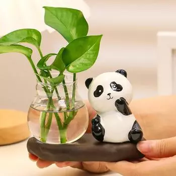 Мультфильм Панда Зеленая Роза Гидропонная Ваза Стеклянная Посуда Прозрачная Вода Питательные Свежие Цветы Цветочный Горшок Цветочная Посуда Настольное Украшение