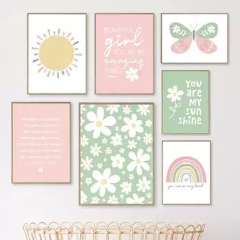 Мультфильм Пастель Солнце Радуга Ромашка Бабочка Рост Цитаты Настенное Искусство Плакаты Скандинавские Картины Декор Детской Комнаты Картина На Холсте Печать 21x30cm No Framed